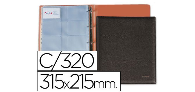 Tarjetero pardo folio 4 anillas similpiel negro para 320 tarjetas 320x275 mm