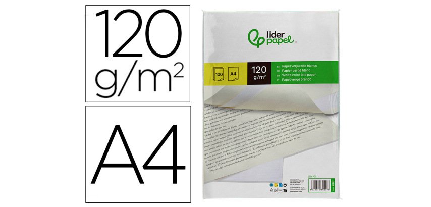 Papel verjurado liderpapel din a4 120g/m2 blanco paquete de 100 hojas