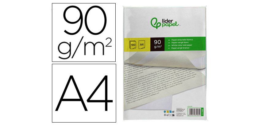 Papel verjurado liderpapel din a4 90g/m2 blanco paquete de 100 hojas