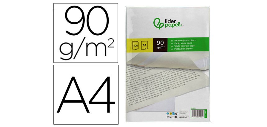 Papel verjurado liderpapel a4 90g/m2 blanco paquete de 100 hojas