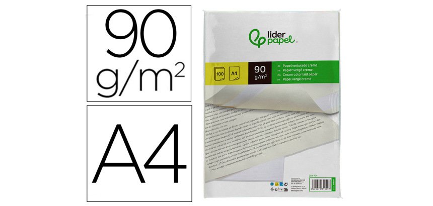 Papel verjurado liderpapel a4 90g/m2 crema paquete de 100 hojas