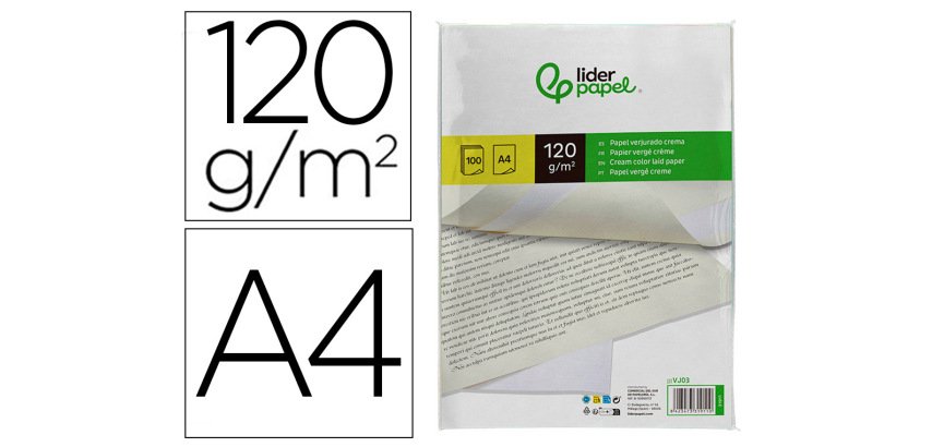 Papel verjurado liderpapel din a4 120g/m2 crema paquete de 100 hojas