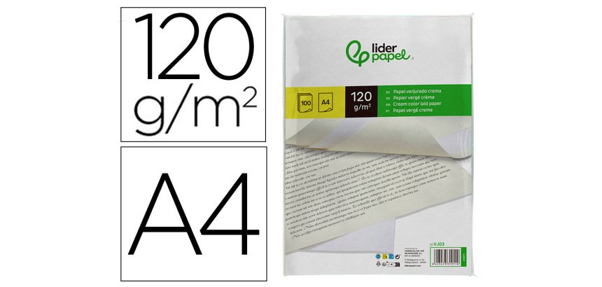 Papel verjurado liderpapel a4 120g/m2 crema paquete de 100 hojas