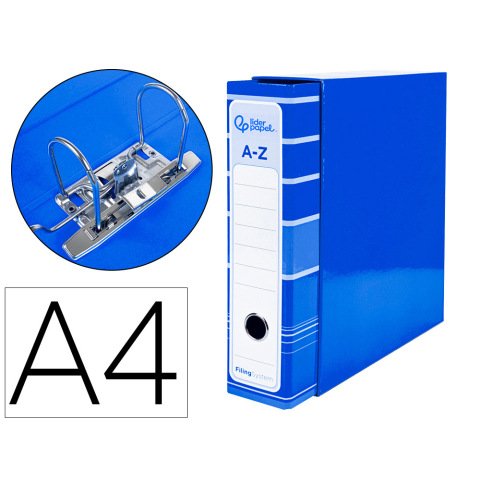 Archivador de palanca liderpapel a4 filing system forrado sin rado lomo 80mm azul con caja y compresor metalico