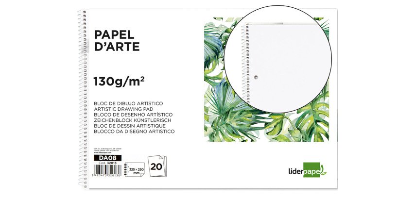 Bloc dibujo liderpapel artistico espiral 230x325mm 20 hojas 130g/m2 sin recuadro 2 taladros perforado