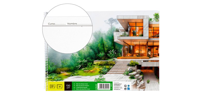 Bloc dibujo liderpapel lineal arquitectura espiral 230x325 mm 20 hojas 130g/m2 con recuadro perforado