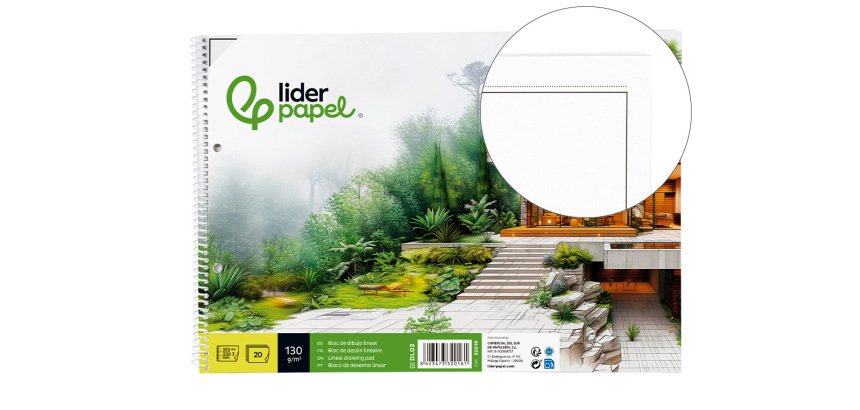 Bloc dibujo liderpapel lineal espiral 230x325mm 20 hojas 130gr/m2 con recuadro 2 taladros perforado