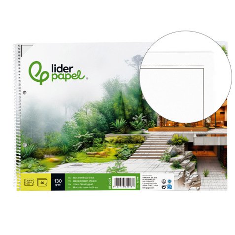 Bloc dibujo liderpapel lineal espiral 230x325mm 20 hojas 130gr/m2 con recuadro 2 taladros perforado