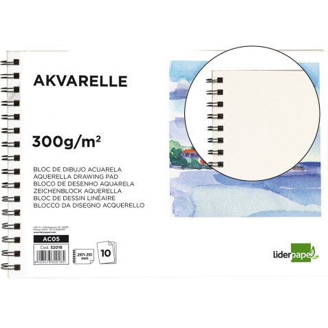 Bloc dibujo liderpapel acuarela espiral 297x210mm 10 hojas 300g/m2 sin recuadro