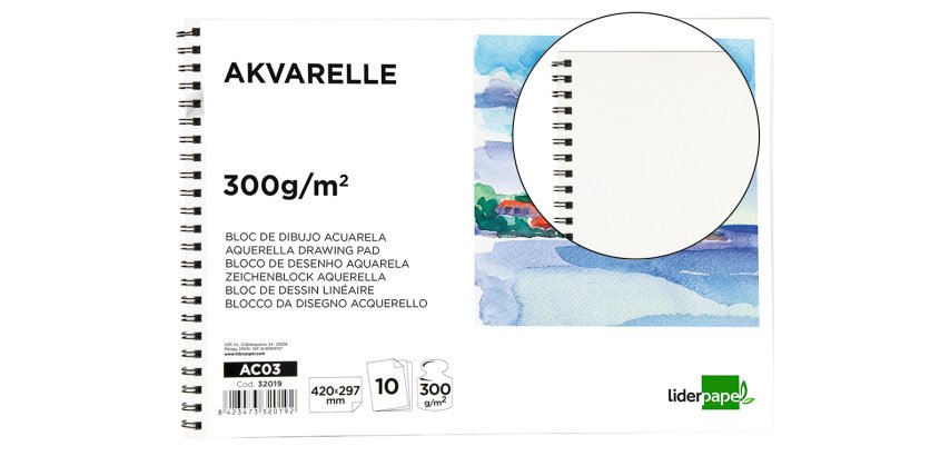 Bloc dibujo liderpapel acuarela espiral 297x420mm 10 hojas 300g/m2 sin recuadro
