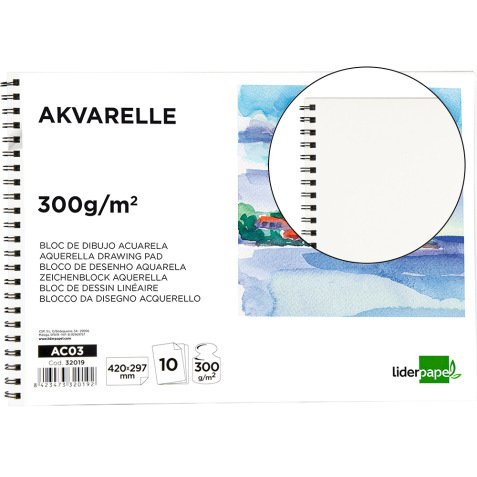 Bloc dibujo liderpapel acuarela espiral 297x420mm 10 hojas 300g/m2 sin recuadro