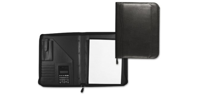 Carpeta portabloc Q-connect cremallera sin anillas con calculadora y bolsillo para móvil color negro 260x355 mm