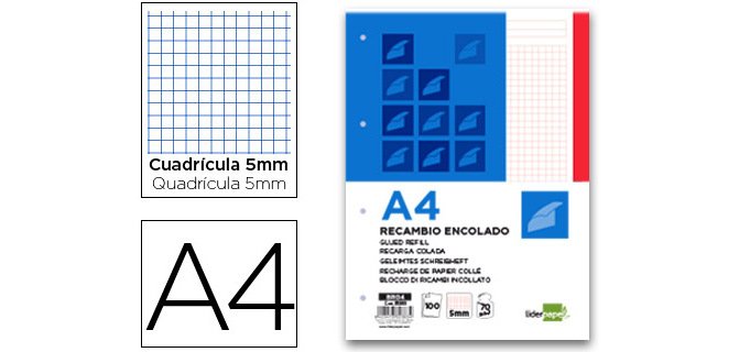 Bloc encolado liderpapel cuadro 5mm rojo a4 natural 100 hojas 70 g/m2