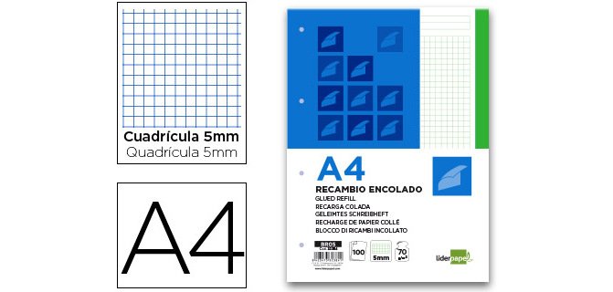 Bloc encolado liderpapel cuadro 5mm verde a4 natural 100 hojas 70 g/m2