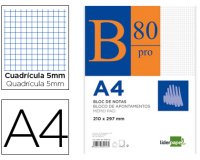 Bloc notas liderpapel cuadro 5mm a4 80 hojas 60g/m2 encolado 4 taladros doble margen