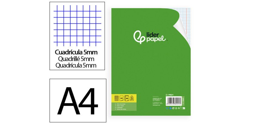 Bloc notas liderpapel cuadro 5mm a4 80 hojas 75 g encolado 4 taladros doble margen