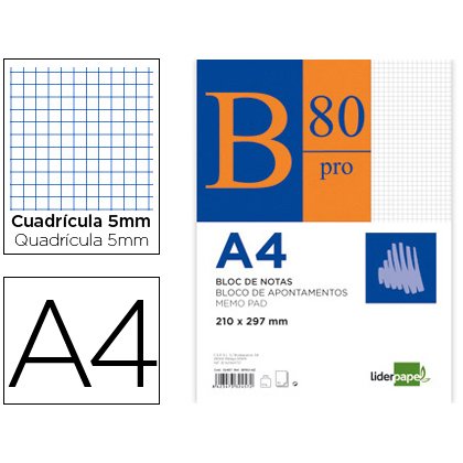 Bloc notas liderpapel cuadro 5mm a4 80 hojas 60g/m2 encolado 4 taladros doble margen