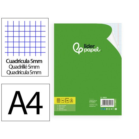 Bloc notas liderpapel cuadro 5mm a4 80 hojas 60g/m2 encolado 4 taladros doble margen