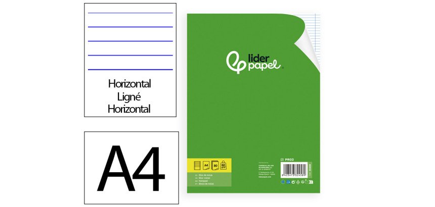 Bloc notas liderpapel horizontal a4 80 hojas 60g/m2 encolado 4 taladros doble margen azul