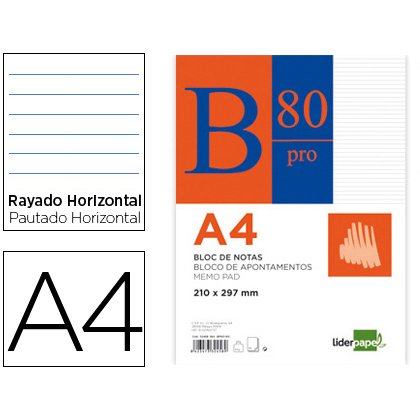 Bloc notas liderpapel horizontal a4 80 hojas 60g/m2 encolado 4 taladros doble margen azul
