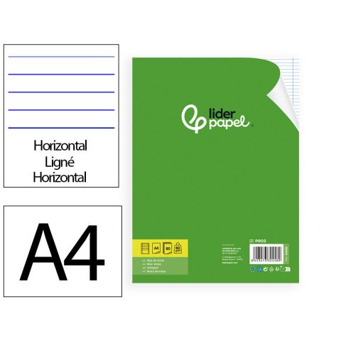 Bloc notas liderpapel horizontal a4 80 hojas 60g/m2 encolado 4 taladros doble margen azul