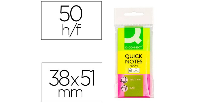 Bloc de notas adhesivas quita y pon q-connect 38x51 mm neon pack de 3 unidades con 50 hojas por color