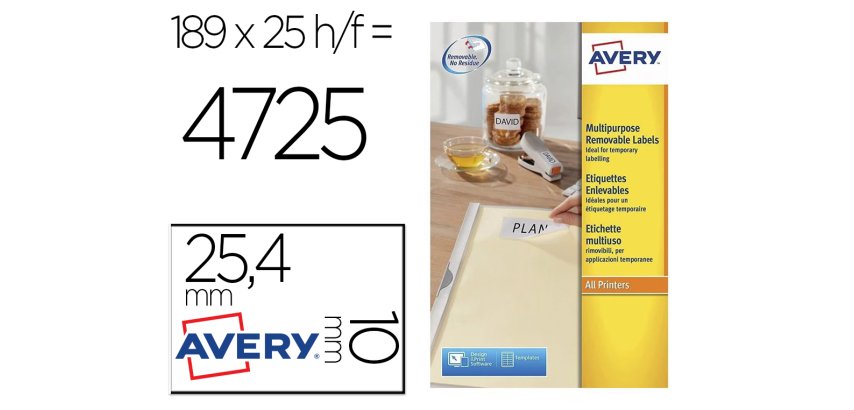 Etiqueta adhesiva avery removible tamaño 25,4x10 mm caja de 4725 unidades