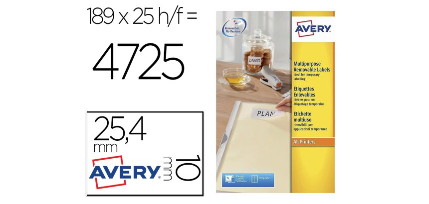 Etiqueta adhesiva avery removible tamaño 25,4x10 mm caja de 4725 unidades