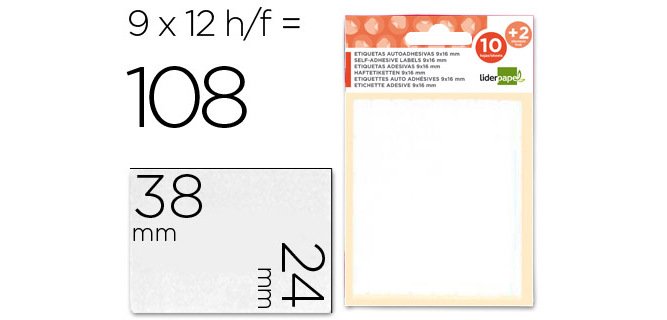 Etiquetas liderpapel sobre de 10 h. + 2 h. obsequio 24x38 mm -9 unidades por hoja