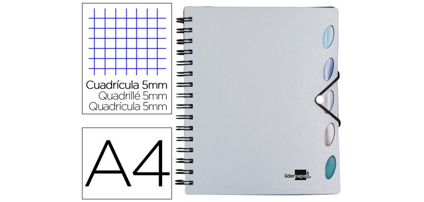 Cuaderno espiral liderpapel a4 micro executive tapa plastico 100h 80gr cuadro 5mm 5 sep aradores con gomilla plata