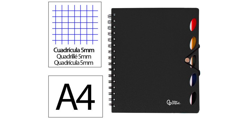 Cuaderno espiral liderpapel a4 micro executive tapa plastico 100h 80gr cuadro 5mm 5 sep aradores con gomilla negro