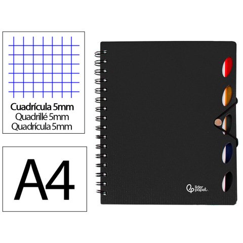 Cuaderno espiral liderpapel a4 micro executive tapa plastico 100h 80gr cuadro 5mm 5 sep aradores con gomilla negro