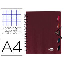 Cuaderno espiral liderpapel a4 micro executive tapa plastico 100h 80 gr cuadro 5mm 5 separadores con gomilla burdeos