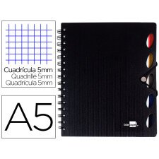 Cuaderno espiral liderpapel a5 micro executive tapa plastico 100h 80 gr cuadro 5mm 5 separadores con gomilla negro