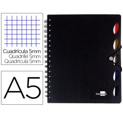 Cuaderno espiral liderpapel a5 micro executive tapa plastico 100h 80gr cuadro 5mm 5 se paradores con gomilla negro