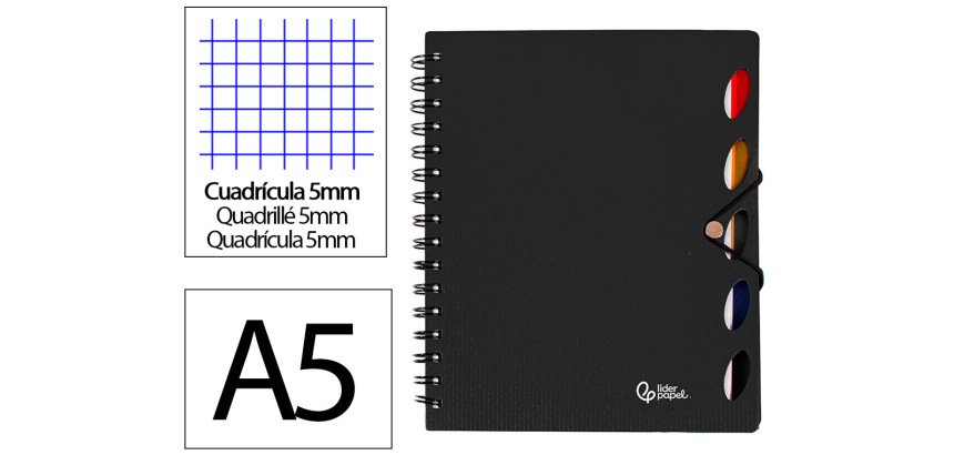 Cuaderno espiral liderpapel a5 micro executive tapa plastico 100h 80gr cuadro 5mm 5 se paradores con gomilla negro