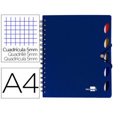 Cuaderno espiral liderpapel a4 micro executive tapa plastico 100h 80 gr cuadro 5mm 5 separadores con gomilla azul