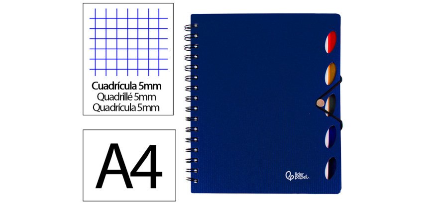 Cuaderno espiral liderpapel a4 micro executive tapa plastico 100h 80gr cuadro 5mm 5 sep aradores con gomilla azul
