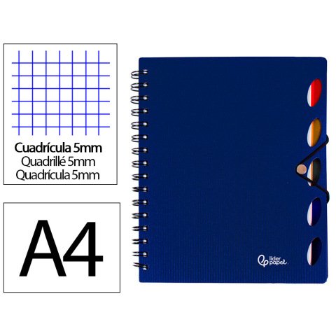 Cuaderno espiral liderpapel a4 micro executive tapa plastico 100h 80gr cuadro 5mm 5 sep aradores con gomilla azul