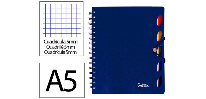 Cuaderno espiral liderpapel a5 micro executive tapa plastico 100h 80gr cuadro 5mm 5 se paradores con gomilla azul