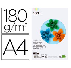 Cartulina liderpapel a4 180g/m2 4 colores surtidos paquete de 100 hojas