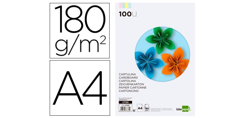 Cartulina liderpapel a4 180g/m2 4 colores surtidos paquete de 100 hojas