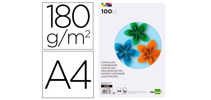 Cartulina liderpapel a4 180g/m2 10 colores surtidos paquete de 100 hojas