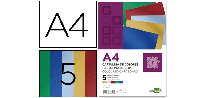 Cartulina liderpapel a4 235 g/m2 metalizada 5 colores surtidos paquete de 50 hojas
