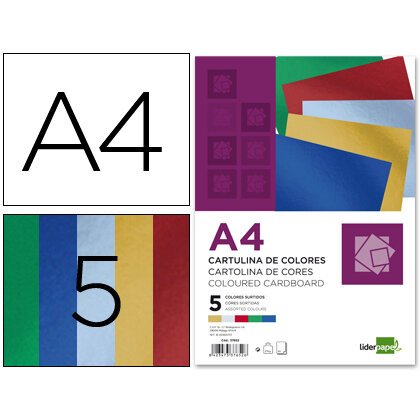 Cartulina liderpapel a4 235 g/m2 metalizada 5 colores surtidos paquete de 50 hojas