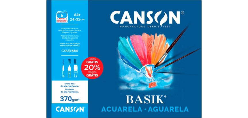 Papel acuarela basik canson din a4+ 370 gr pack de 6 hojas