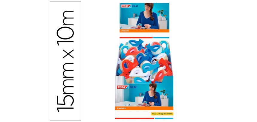 Cinta adhesiva tesa standard con dispensador 10 m x 15 mm
