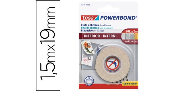 Cinta adhesiva doble cara tesa para interiores 1,5 m x 19 mm