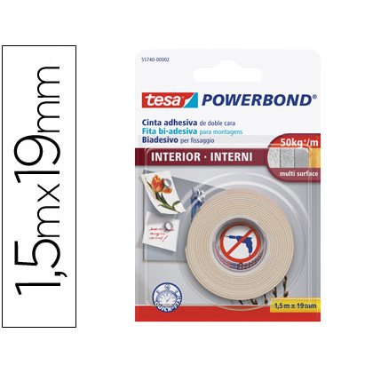 Cinta adhesiva doble cara tesa para interiores 1,5 m x 19 mm