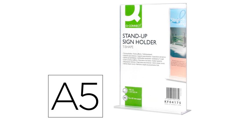 Expositor sobremesa q-connect con forma de t metacrilato tamaño a5 a dos caras